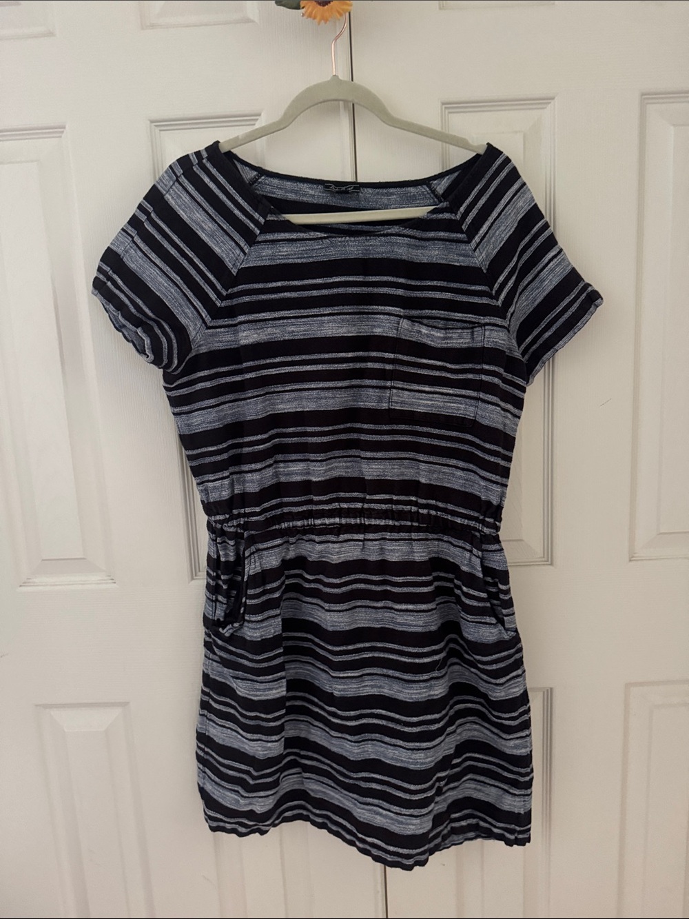 Lucky Brand Navy and Gray Striped Short Sleeve Mini Dress with pockets.